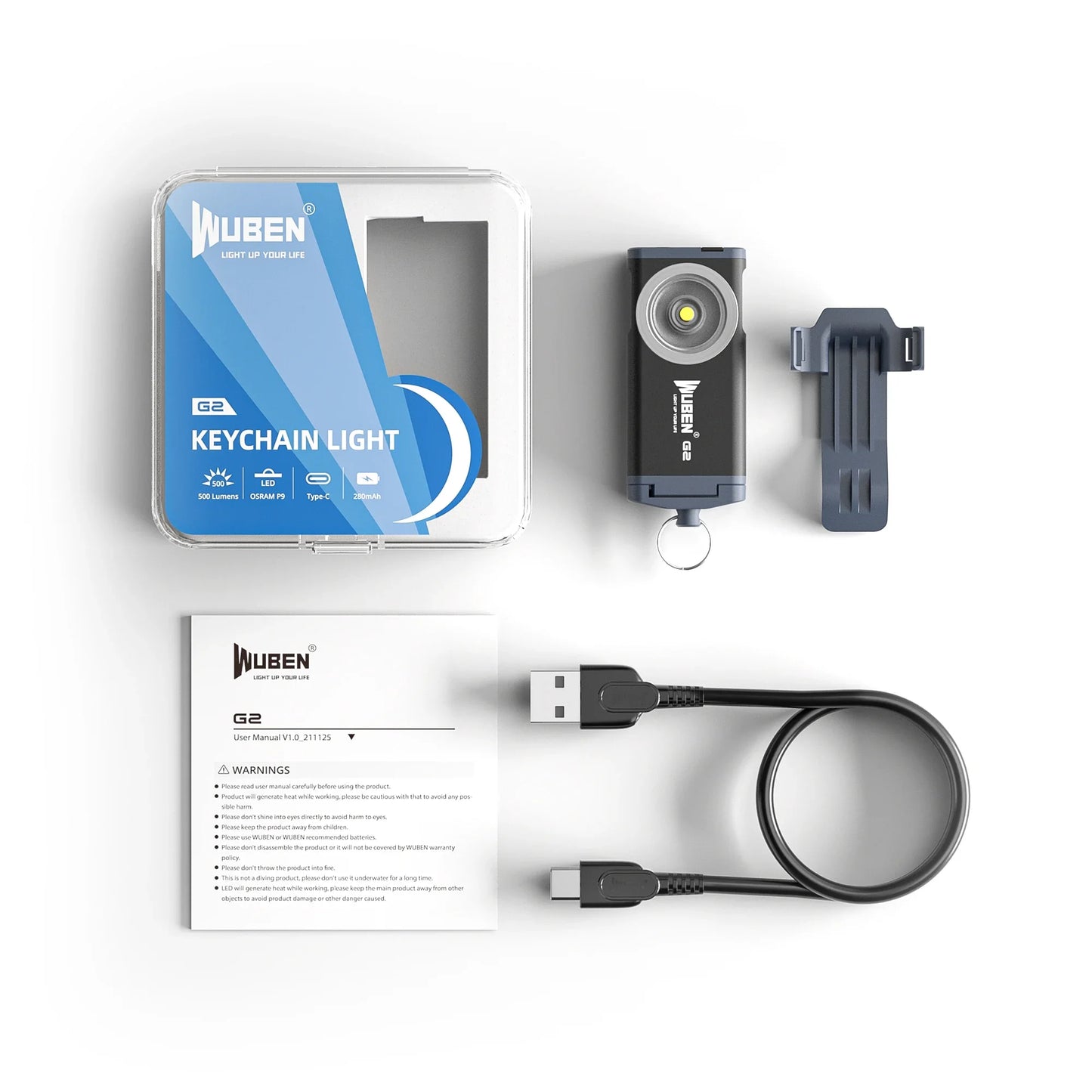 Lampe porte-clés WUBEN G2 – 500 Lumens rechargeable, 5 Modes d’éclairage, USB Type-C, Aimantée