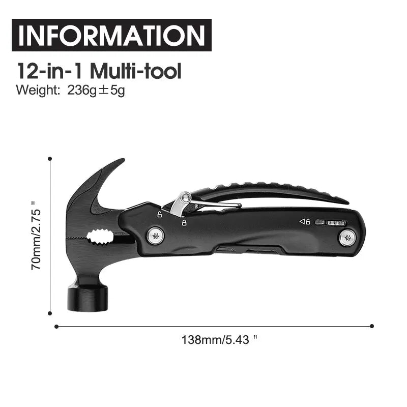 Marteau Multi-Outils 12 en 1 - Pince, Scie, Tournevis, Couteau, Idéal Camping & Outdoor