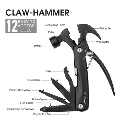 Marteau Multi-Outils 12 en 1 - Pince, Scie, Tournevis, Couteau, Idéal Camping & Outdoor