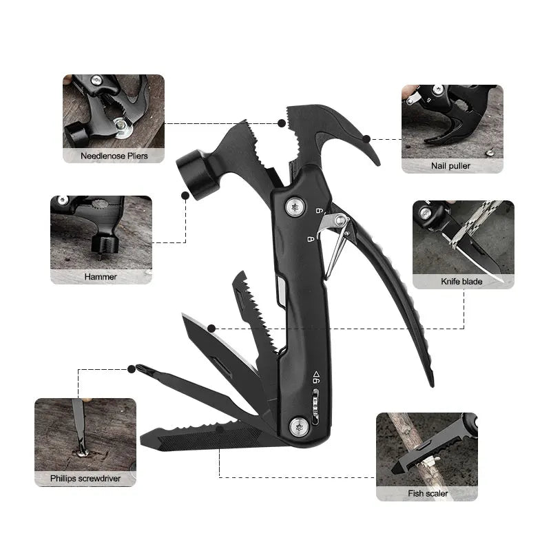 Marteau Multi-Outils 12 en 1 - Pince, Scie, Tournevis, Couteau, Idéal Camping & Outdoor